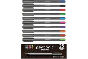 Pentonic Ballpoint Pens, 25 Count, 10 Assorted Ink Colors, 1.0 mm Medium Point, Smooth Writing For Journaling & Note Taking (PEN12127)