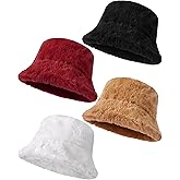 Newcotte 4 Pack Winter Bucket Hat Faux Fur Fisherman Cap Fluffy Fuzzy Warm Hat for Women Men Furry Warm Fisherman Cap Gift for Cold Weather Casual Trips Sports Skiing