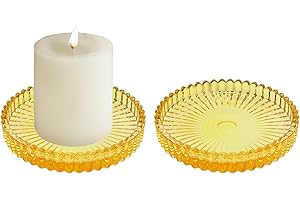 ECHFSM 3.8 Inch Yellow Glass Pillar Candle Holder Plates Set of 2 Coaster Holder Round Candle Stand for Table Centerpieces, Wedding,Party,and Home Decor