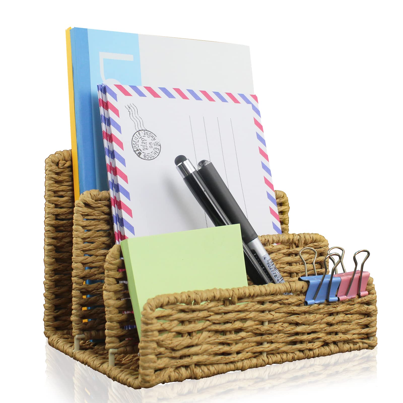 IMAYLLA Letter Organiser, Pen Holder Set, Desk Folder, Metal Mesh with 3 Vertical Standing Compartments, Post Sorter, Desk Organiser, Letter Tray Paper, Postcards, Brochures (Pack of 2)