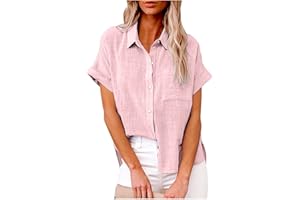 COJCOIHN Womens Roll up Long Sleeve Button Down Cotton Linen Shirt Blouse Loose Fit Casual V-Neck Tops Plus Size.S-5XL