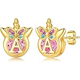 MONOOC Unicorn for Kids Girls - S925 Sterling Silver Post Hypoallergenic Initial Earrings 14K-Gold-Plated Pink CZ Unicorn Stud Earrings Jewelry Birthday Gifts for Kids Girls