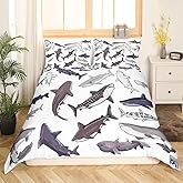 Feelyou Ocean Shark Bedding Set Gray White Shark Duvet Cover Set for Kids Boys Girls Sea Creature Sealife Comforter Cover Animal Printed Quilt Cover Bedroom Collection 2Pcs Twin Size