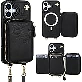 Bocasal for MagSafe Crossbody Wallet Case Compatible with iPhone 17, RFID Blocking Protective Purse Case with Card Slots Holder Kickstand Wrist Strap Lanyard Zipper 6.3 Inch 5G (Black)