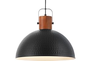 ELYONA Large Ash Wood Pendant Light Fixtures, 16 Inch Dome Ceiling Hanging Lamp with Hammered Metal Shade, Black Modern Chandelier for Kitchen Island, Bar, Farmhouse, Dining Room, Hallway