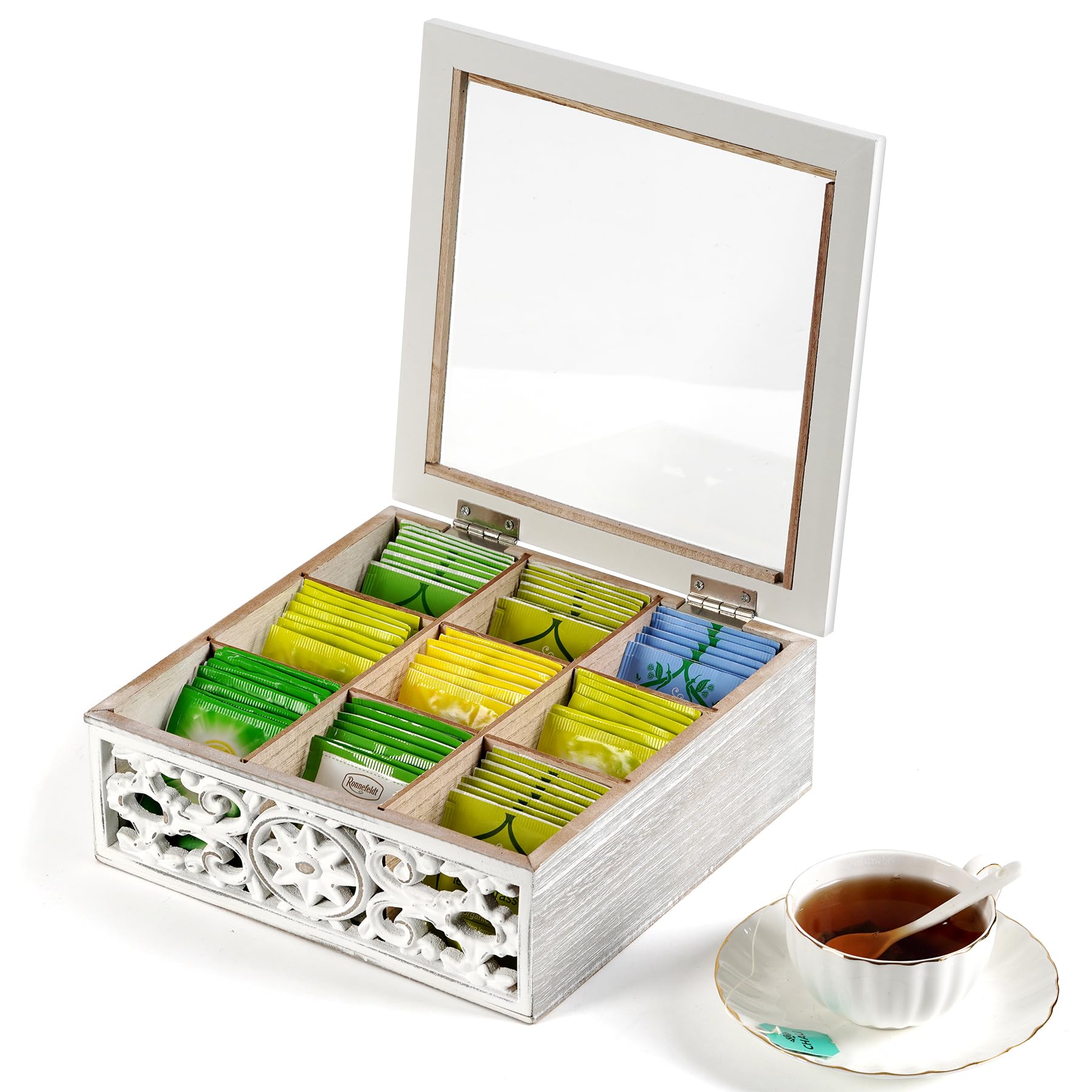 Optyuwah Tea Bag Holder Tea Bag Organiser Wooden Tea Box for Tea Bags, Tea Organiser 9 Compartments Tea Chest Storage Box with Clear Lid, Tea Caddy for Tea Coffee Sugar, Home Kitchen Office, White