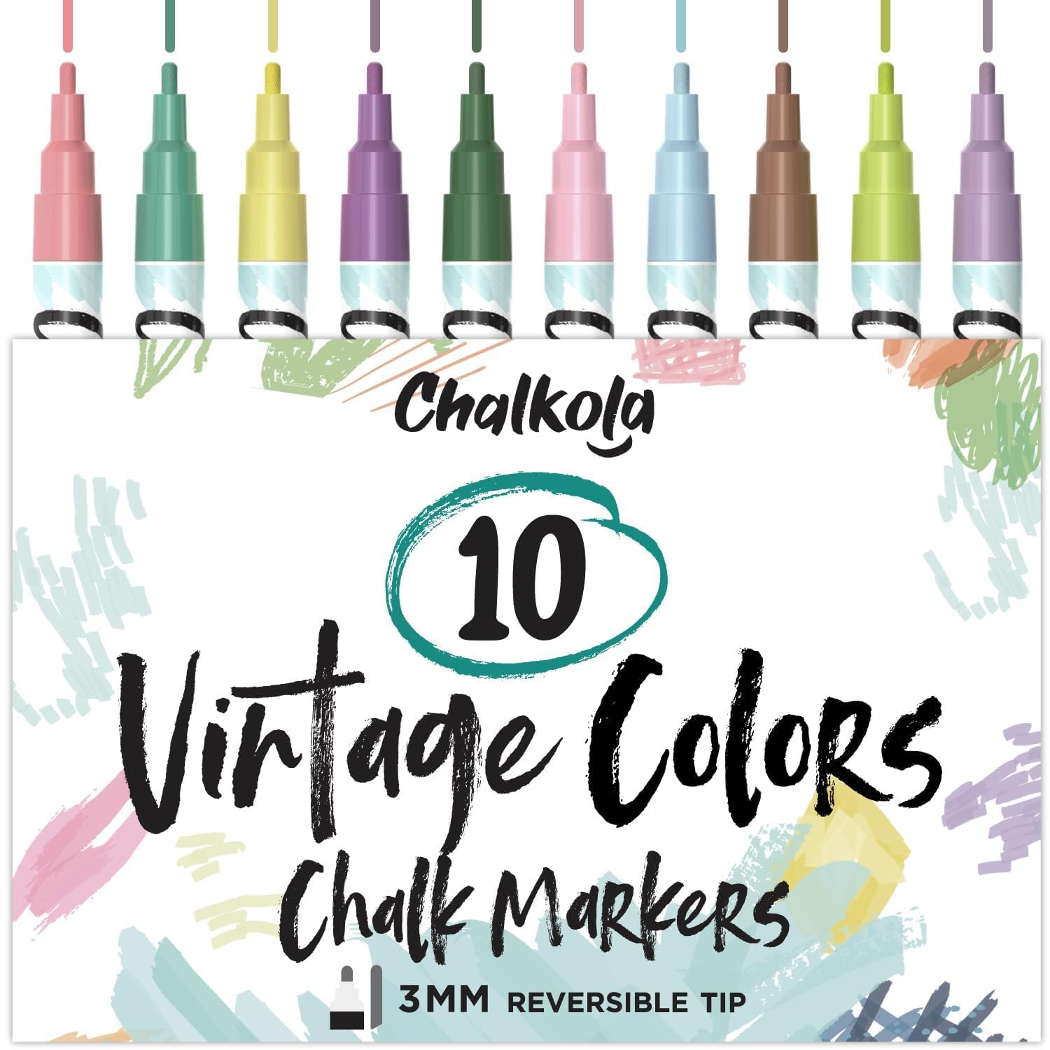 Liquid Chalk Pens for Blackboards (10 Vintage Colors) - Fine Tip Dry Erase Marker Pens for Chalkboards Signs, Windows, Bistro - 3mm Reversible Tip