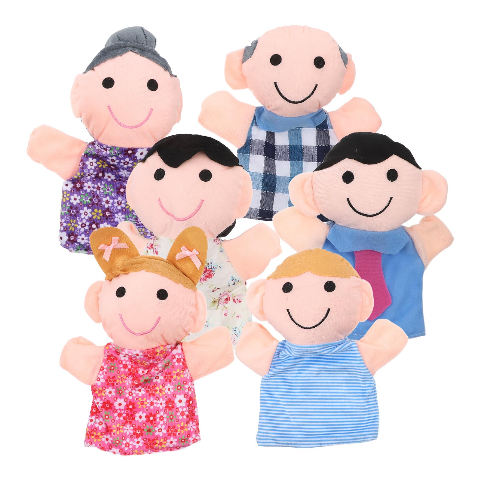 POPETPOP 6pcs Family Hand Puppets for Toddlers, Soft Cloth Puppets Set, Includes Dad, Mom, Grandpa, Grandma, Brother, Sister, for Storytelling, Role Play, Preschool, Assorted Colors