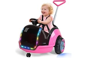 ANPABO 3-in-1 Electric Push Ride On Car, 12V Kids Ride On Toy w/Remote Control, 360° Spin, 5-Point Safety Belt, Colorful LED Light, Music Player, Push Car for Toddler Ages 1-3 (Pink)