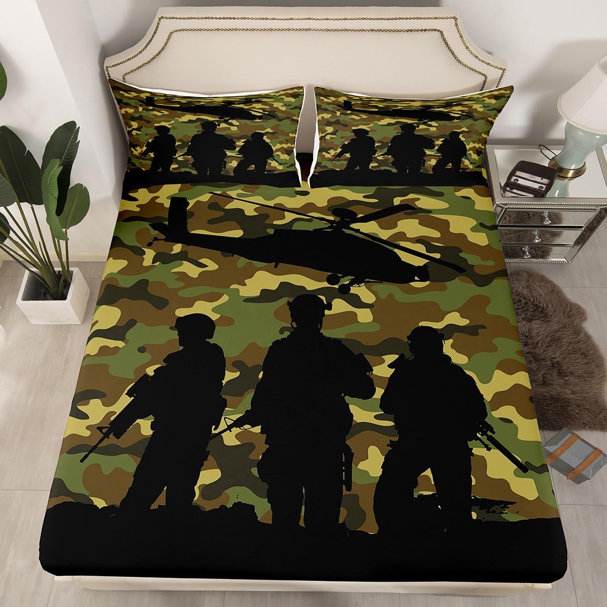 American Soldier Fitted Sheet Double Size, Cartoon Aircraft Bed Cover with 2 Pillowcases, Army Green Camouflage Bedding Set 3pcs for Kids Boys Room Decor, Soft Polyester Bedding