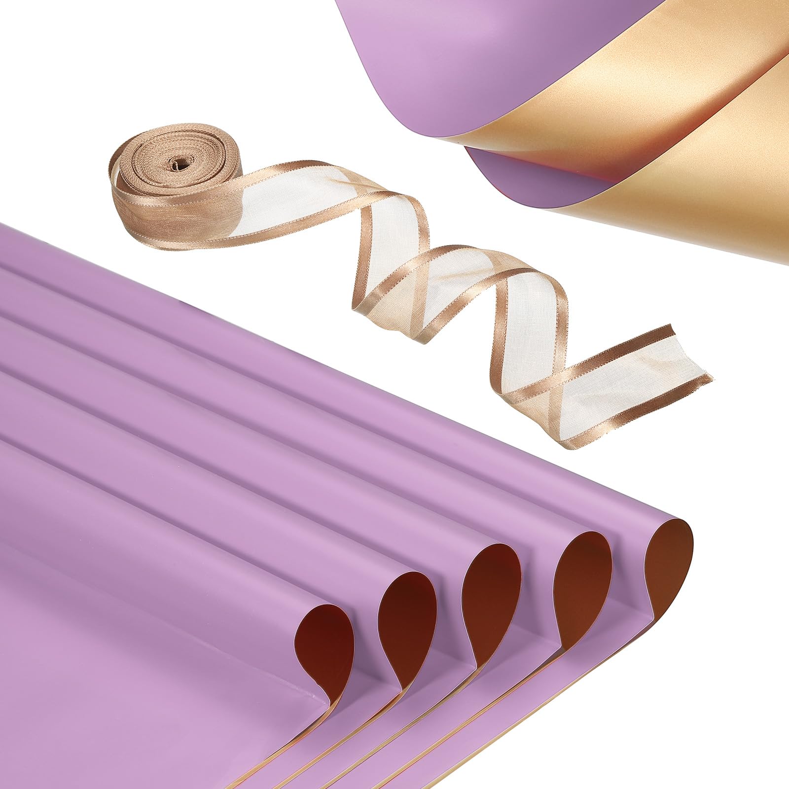 PATIKIL 20 Sheets Flower Wrapping Paper, Waterproof Flower Paper Wraps with Ribbon Floral Bouquet Supplies for DIY Crafts Packaging Bouquet, 22.8x22.8 Inch, Light Purple/Gold Tone