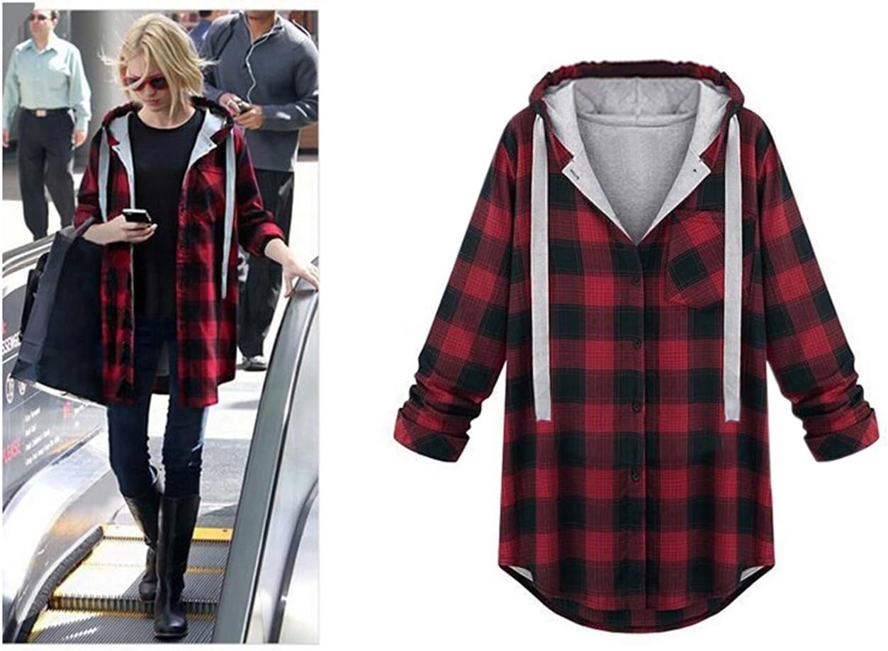 FSOOG Women Long Sleeves Hoodie Button-up Plaid Flannel Shirts
