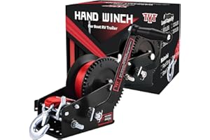 TYT 3500lbs Heavy Duty Boat Trailer Winch with 32FT Red Strap, 2-Way Ratchet 4:1/8:1 Gear Trailer Winch, Portable Hand Crank 