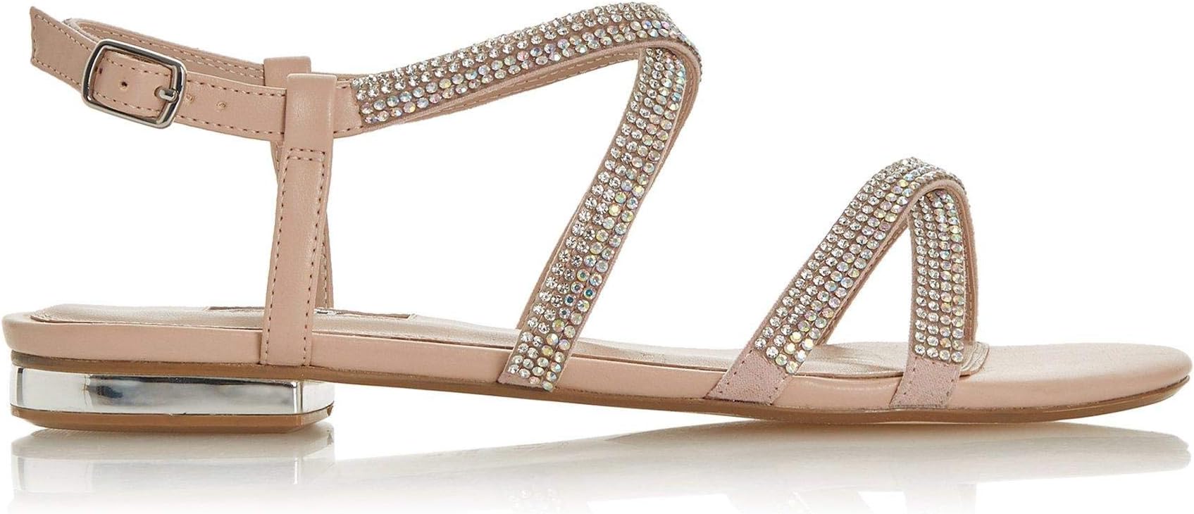 Dune Ladies Women's NEEVIE Diamante Embellished Studded Sandals Size UK 6 Blush Flat Heel Flat Sandals