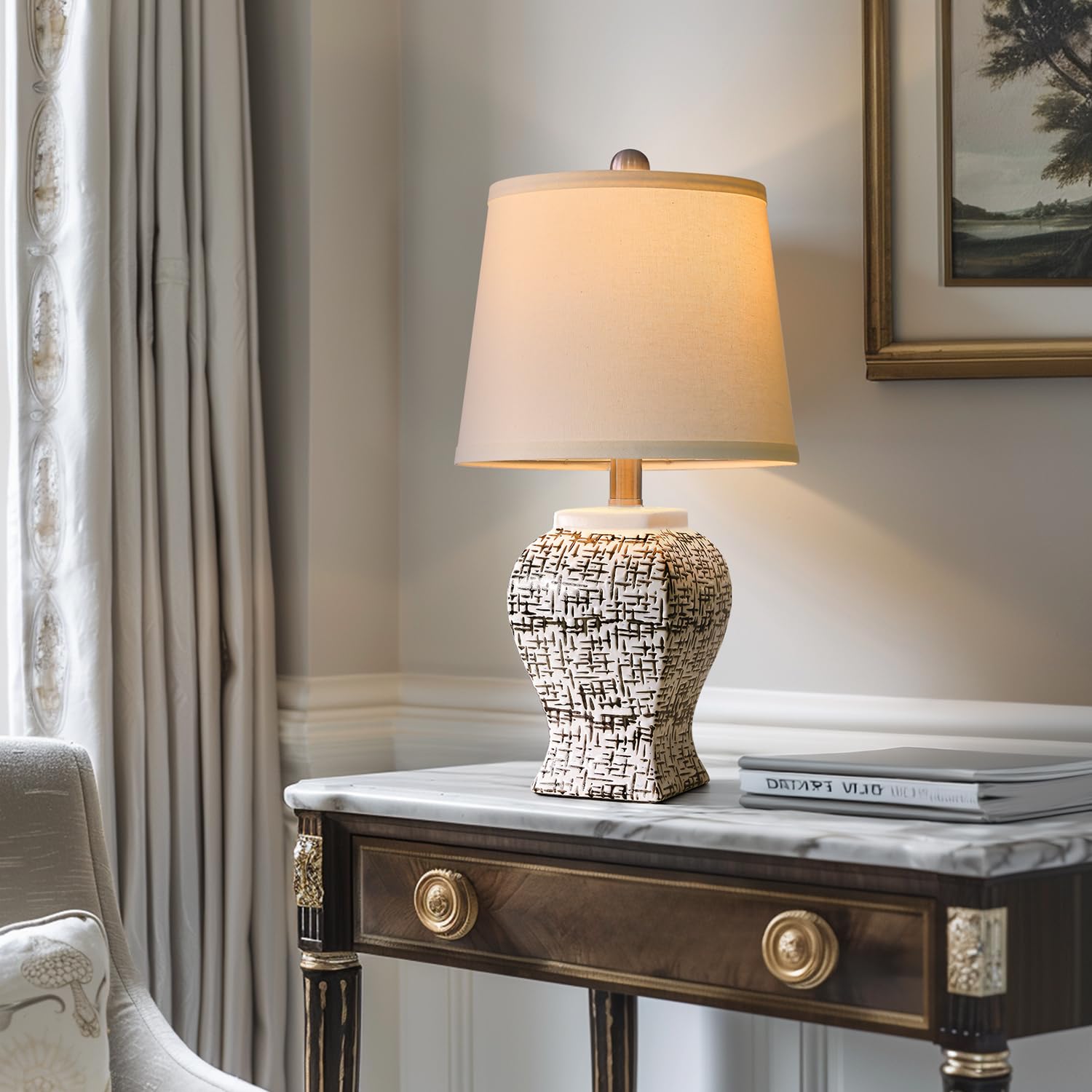 Photo 1 of PoKat 20.75'' Farmhouse Table Lamp, Small Ceramic Nightstand Lamp for Bedroom, Classic Black and White Lamps for Living Room, Bedside, Console, End Table, White Strips Pattern