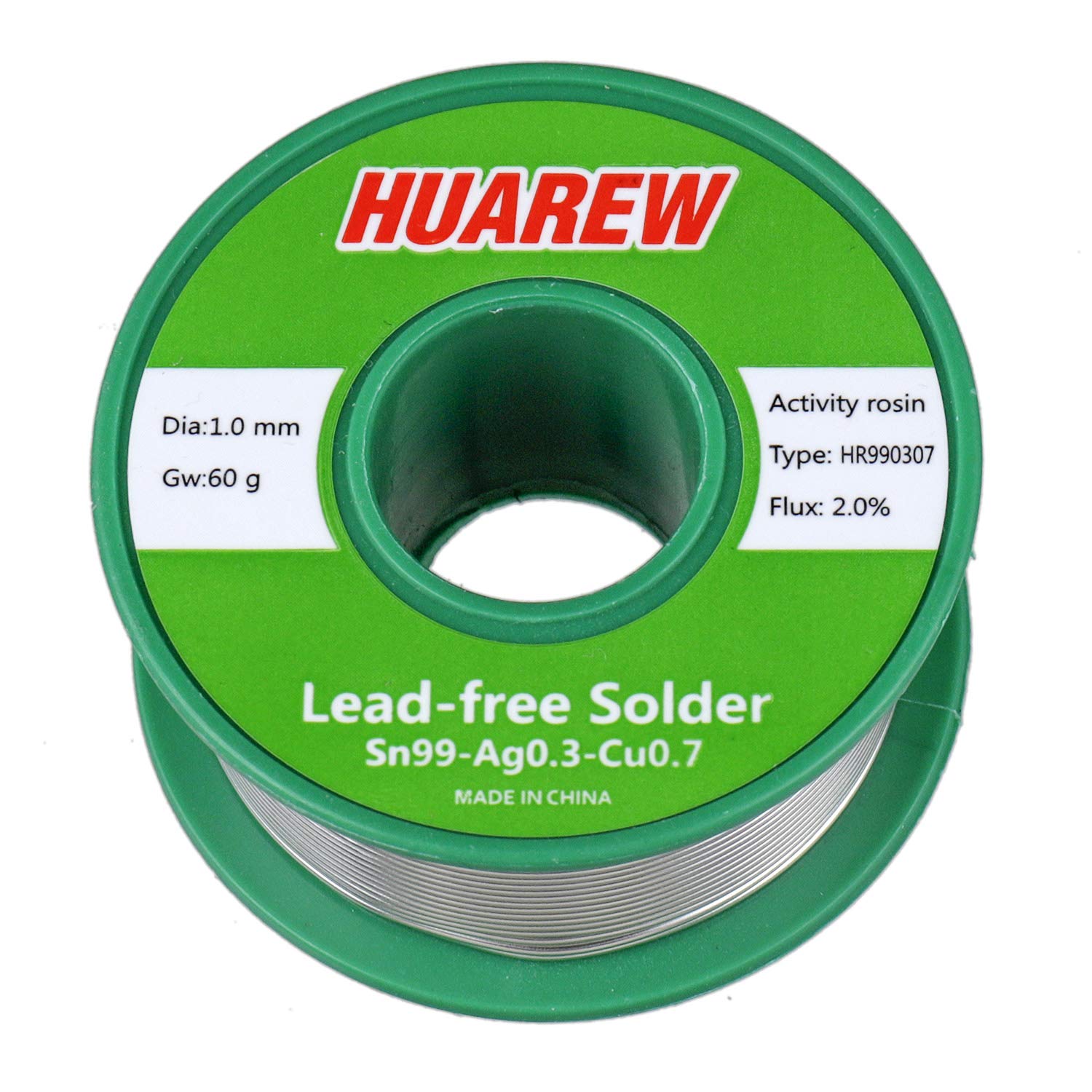 HUAREW HR990307 Sn 99-Ag 0.3-Cu 0.7 Lead-Free Solder Wire with Rosin core (1.0mm, 60g)