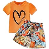 HSOXLQF Kids Girl Clothes Heart Print Short Sleeve Top and Shorts Cute Girl Summer Outfits Short Set