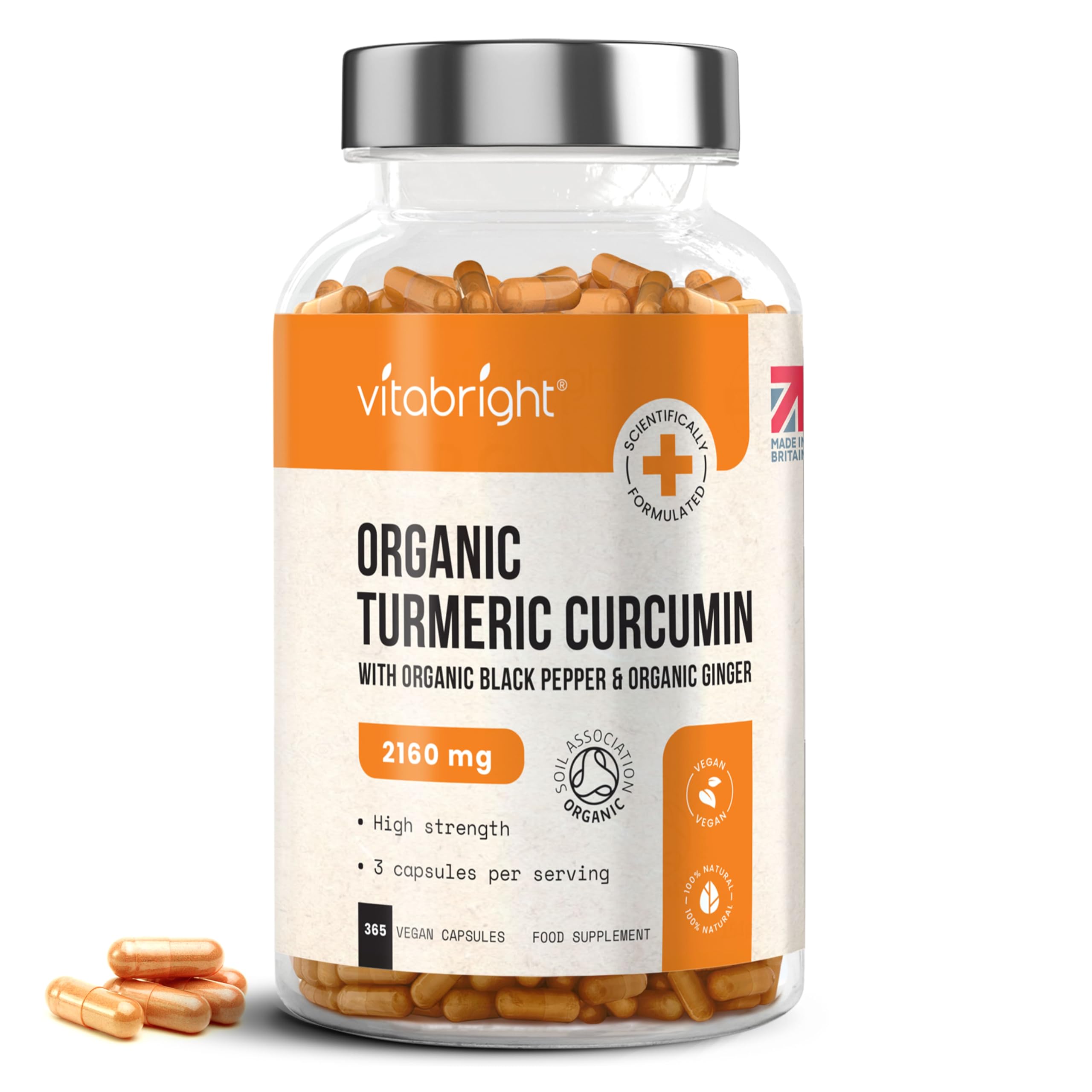 Turmeric and Black Pepper Capsules | 2160mg Dose | 365 Tablets | 4 Month Supply | 3 A Day | Herbal Supplements | High Strength Curcumin | VitaBright Organic Tumeric Supplement