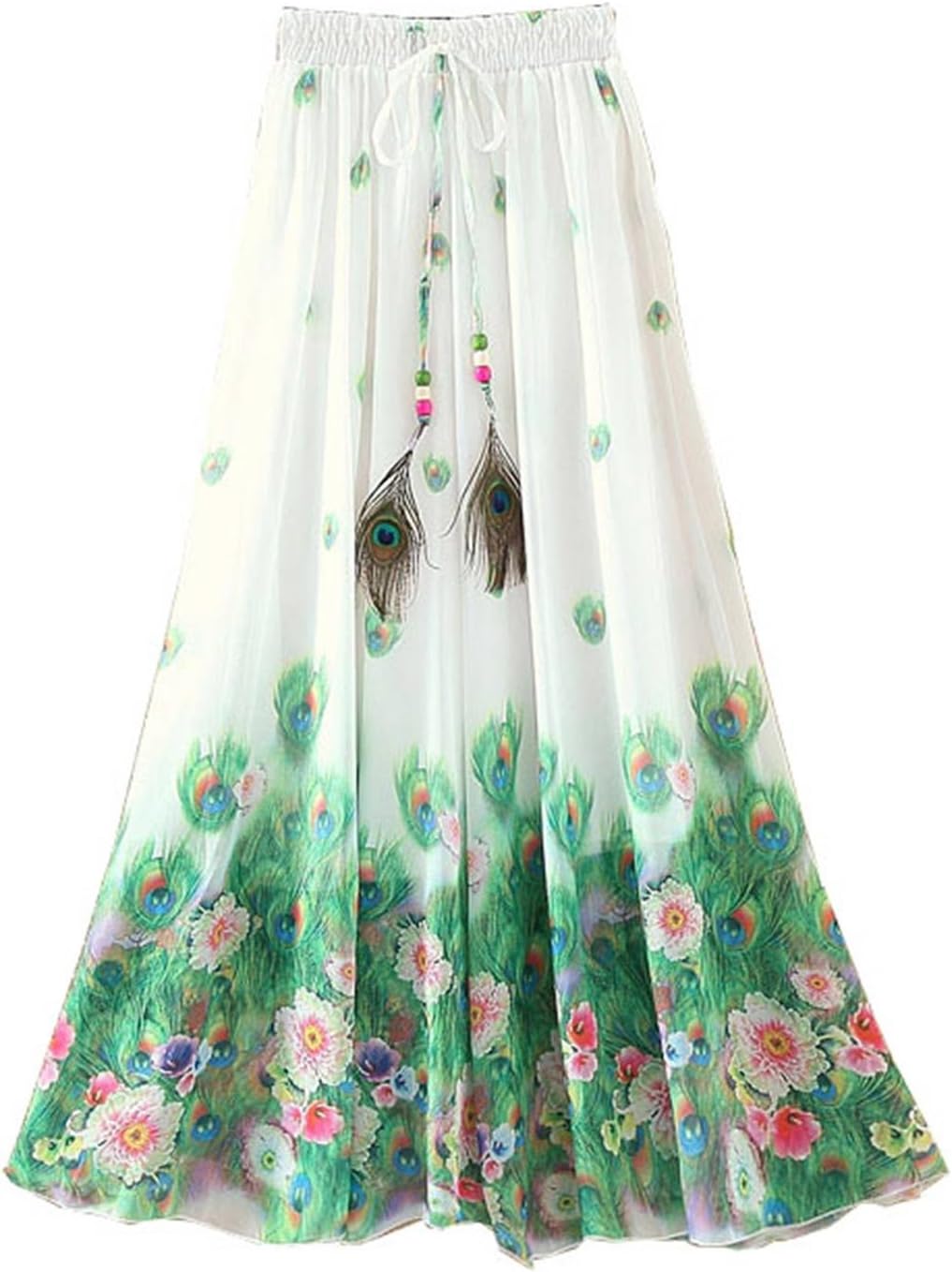 Women's Peacock Feather Boho Chinese Painting Beach Party Elastic Waist Maxi Long Pleated Skirt
