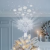 Brightown Christmas Tree Topper with Built-in 3D Glitter Led Snowflake Projector Lights, Silver Hexagonal Snowflake Tree Toppers Christmas Decorations Indoor for Xmas New Year Party Holiday