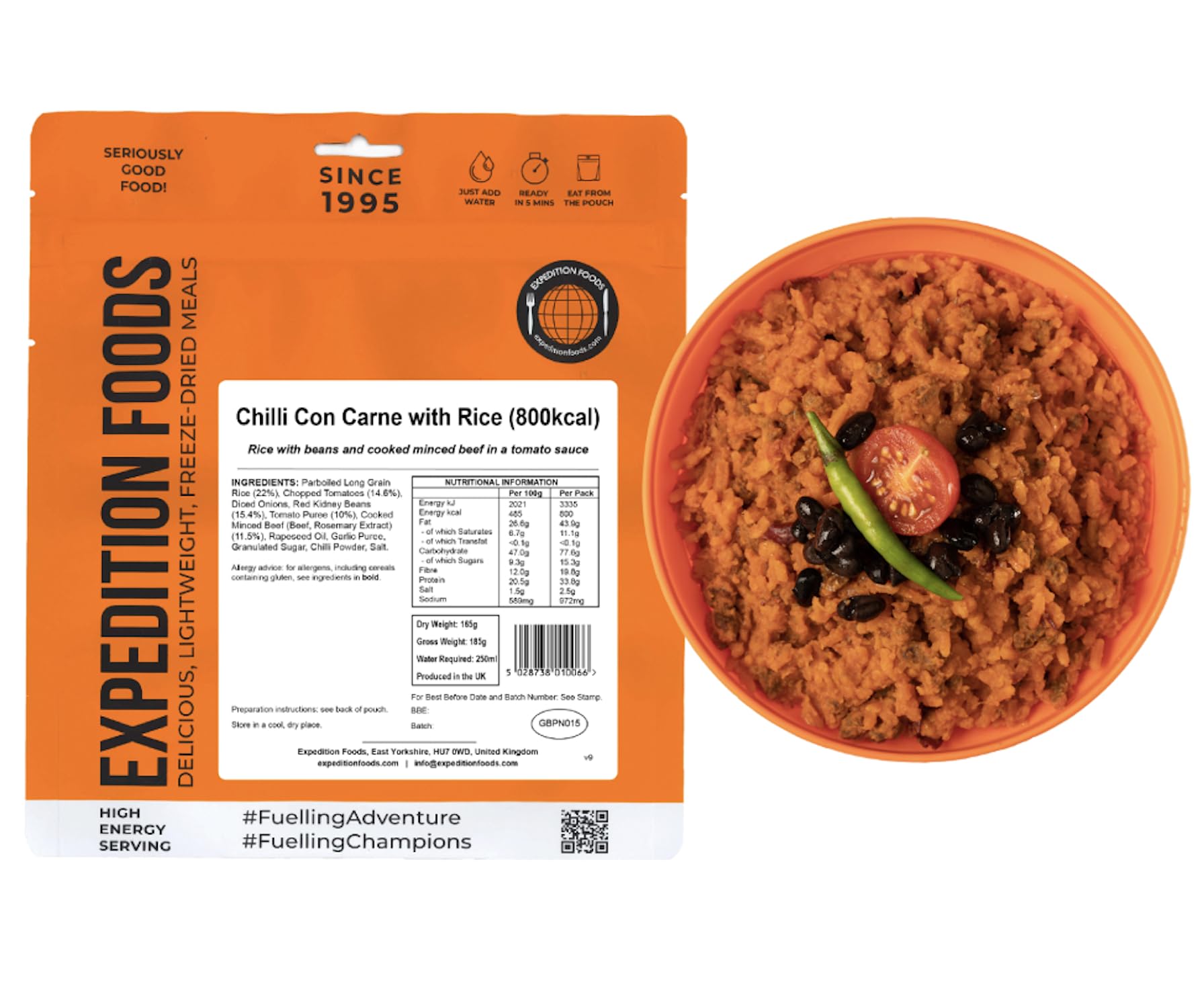 EXPEDITION FOODS Chilli Con Carne with Rice (High Energy Serving / 800KCAL) | Freeze-Dried Camping & Hiking Food