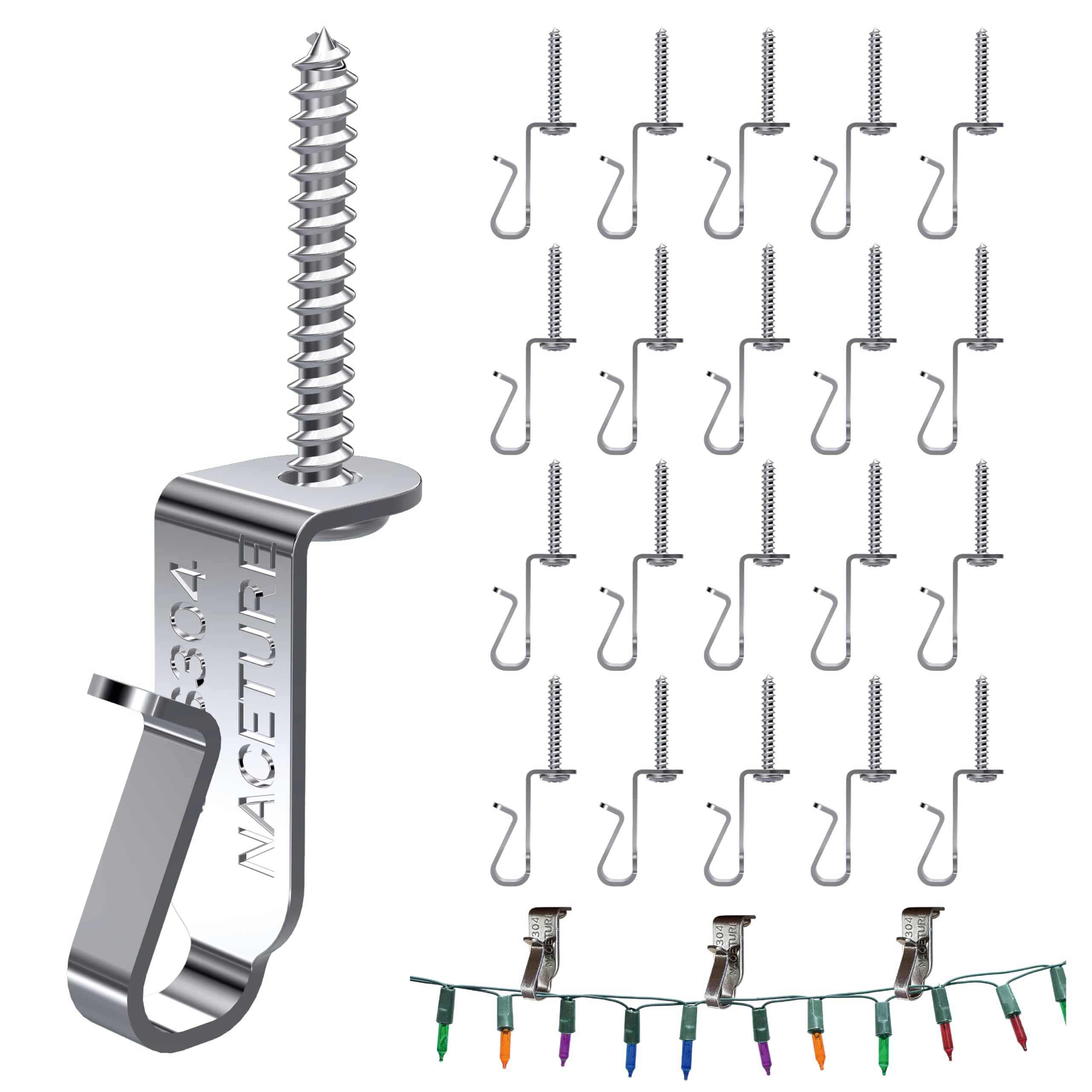 NACETURE String Light Hanger Hooks- Stainless Steel Light Clips, Outdoor Small Screw Hook for Christmas Party Led Light Wire, Led Fairy Light Hook (Sliver 20 Pack for Ceiling)
