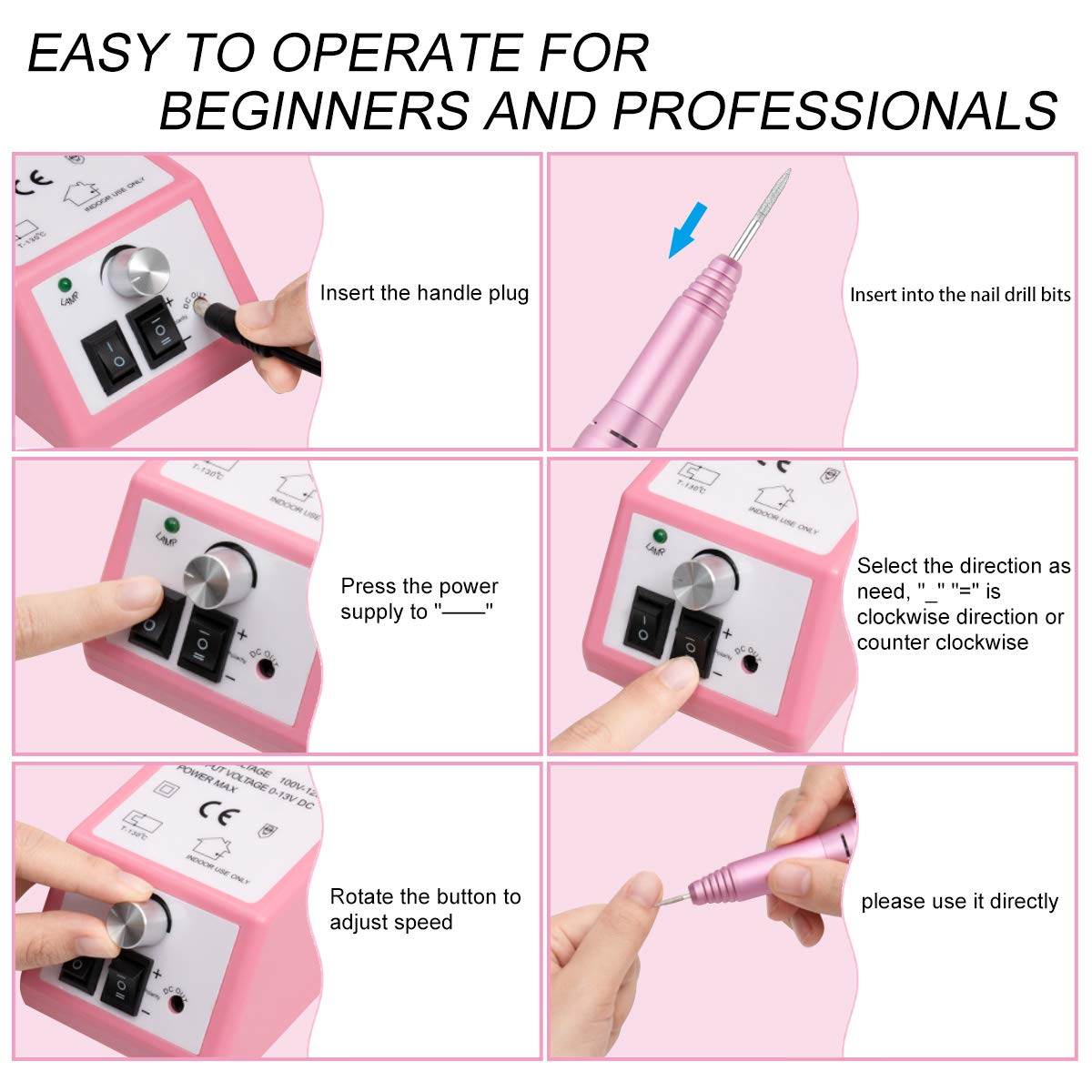 Professional Finger Toe Nail Care Electric Nail Drill Machine Manicure Pedicure Kit Electric Nail Art File Drill with 1 Pack of Sanding Bands (Pink): Beauty