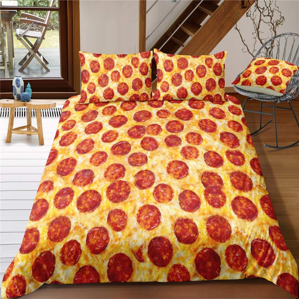 Duvet Cover Set, Soft Microfiber 3D Novelty Funky Food Personality Printed Zipper Closure Double Hypoallergenic Bedding Set with 2 Pillowcases 3 Pieces (Pizza, Double)