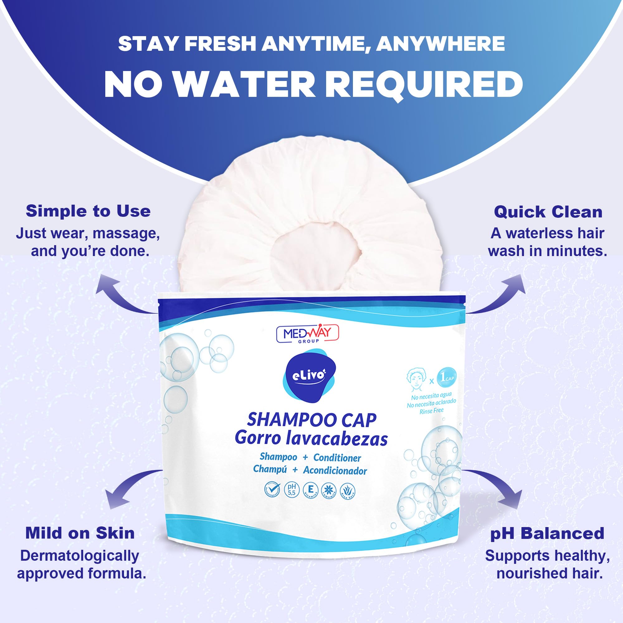 MedVance No Rinse Shampoo Cap | Rinse Free Shower Cap that Shampoos & Conditions | PH Balanced & Hypoallergenic Waterless Hair Wash | 3 Pack