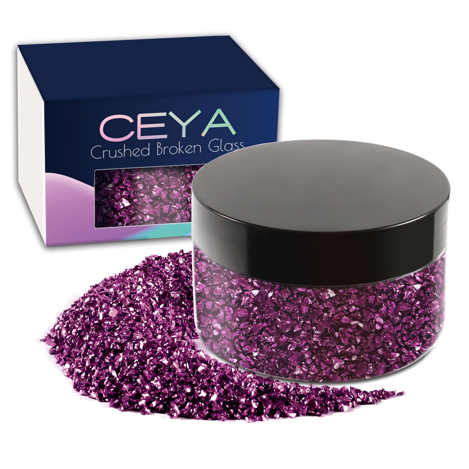 Ceya 5.3oz/ 150g Crushed Irregular Glass Purple Metallic Crystal Chips Broken Glass Glitter 2-4mm Craft Glitter for Nail Arts Epoxy Resin Coasters Ornament Painting Geode Phone Case Jewelry