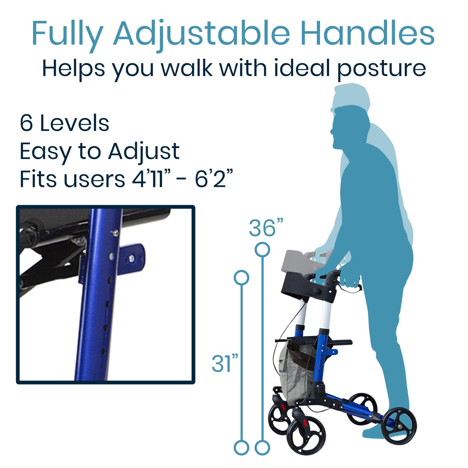 Vive Mobility Rollator Walker - Folding 4 Wheel Medical Rolling Walker with Seat & Bag - Mobility Aid for Adult, Senior, Elderly & Handicap - Aluminum Transport Chair (Blue)