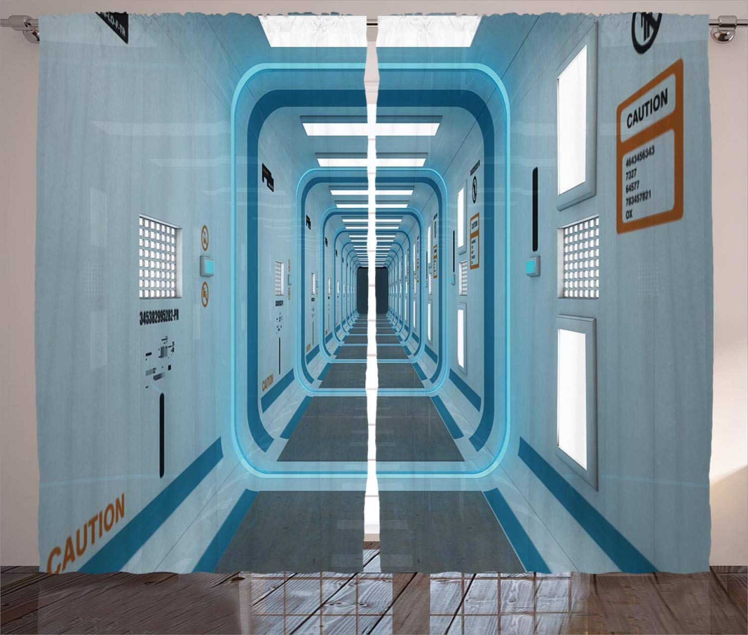 ABAKUHAUS Outer Space Curtains, Galactic Hallway with Caution Signs Discovery Explore Invasion Print Artwork, Living Room Bedroom Window Drapes 2 Panel Set, 89 L X 110 W, Blue White