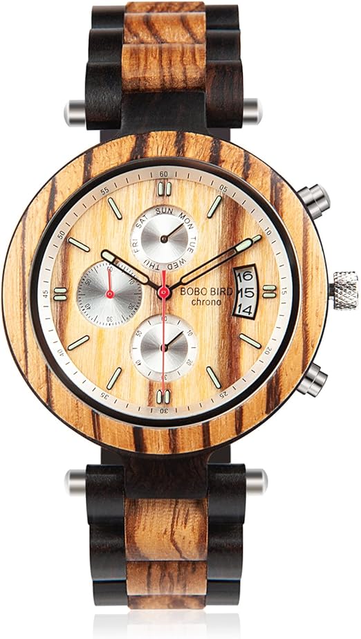 Amazon Com Wooden Watches Mens Zebra Wood Watches For Men Chronograph Date Display Multi Functional Casual Wirstwatches Men S Designer Watches