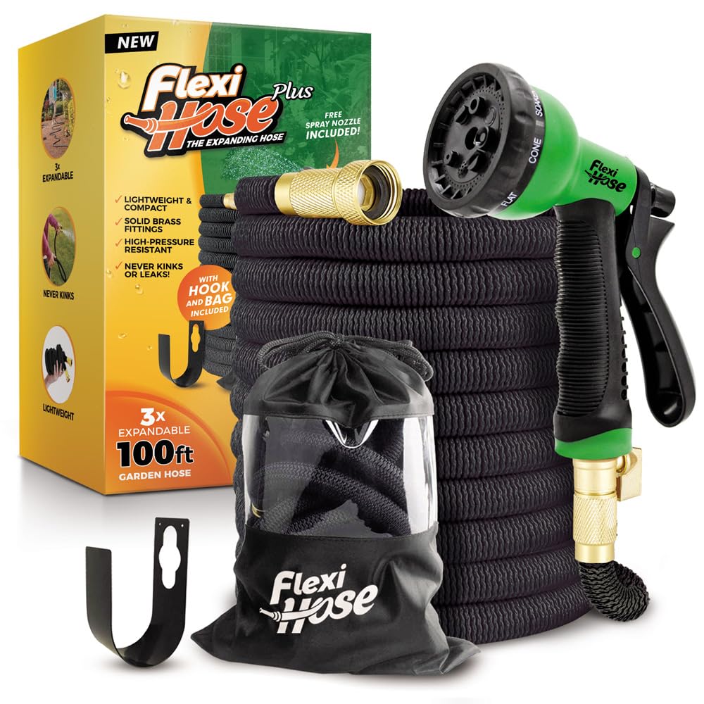 Photo 1 of ***READ CLERK NOTES*** Flexi Hose PLUS with 8 Function Nozzle Expandable Garden Hose, Lightweight & No-Kink Flexible Garden Hose, 3/4 inch Solid Brass Fittings and Double Latex Core, 100 ft Black