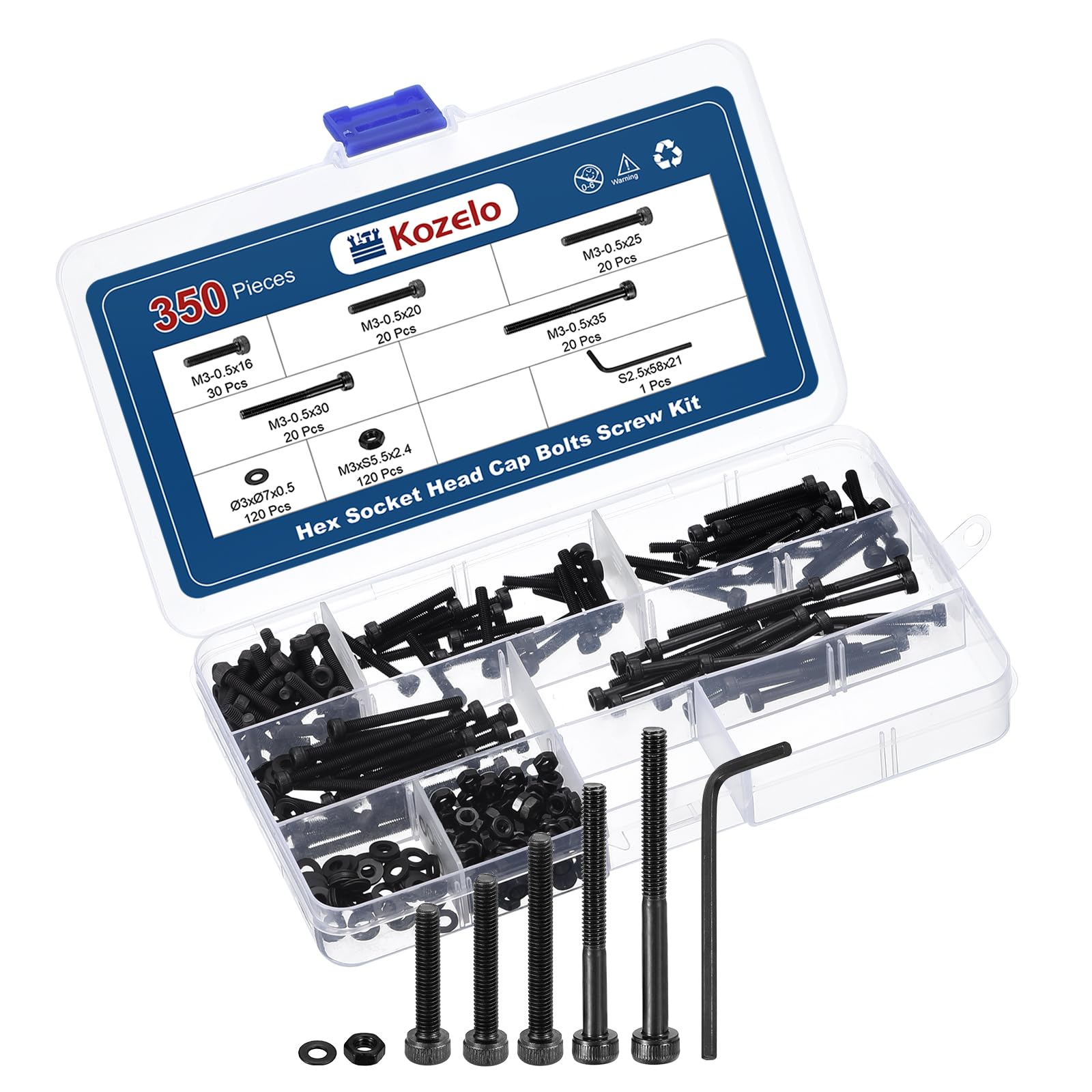 Kozelo 350pcs M3 Socket Head Cap Screws Bolts Nuts Assortment Kit - [M3x16/20/25/30/35mm] Alloy Steel Fully Threaded Black Oxide 12.9 Internal Hex Screw for 3D Printer Use, with Wrench — image 1