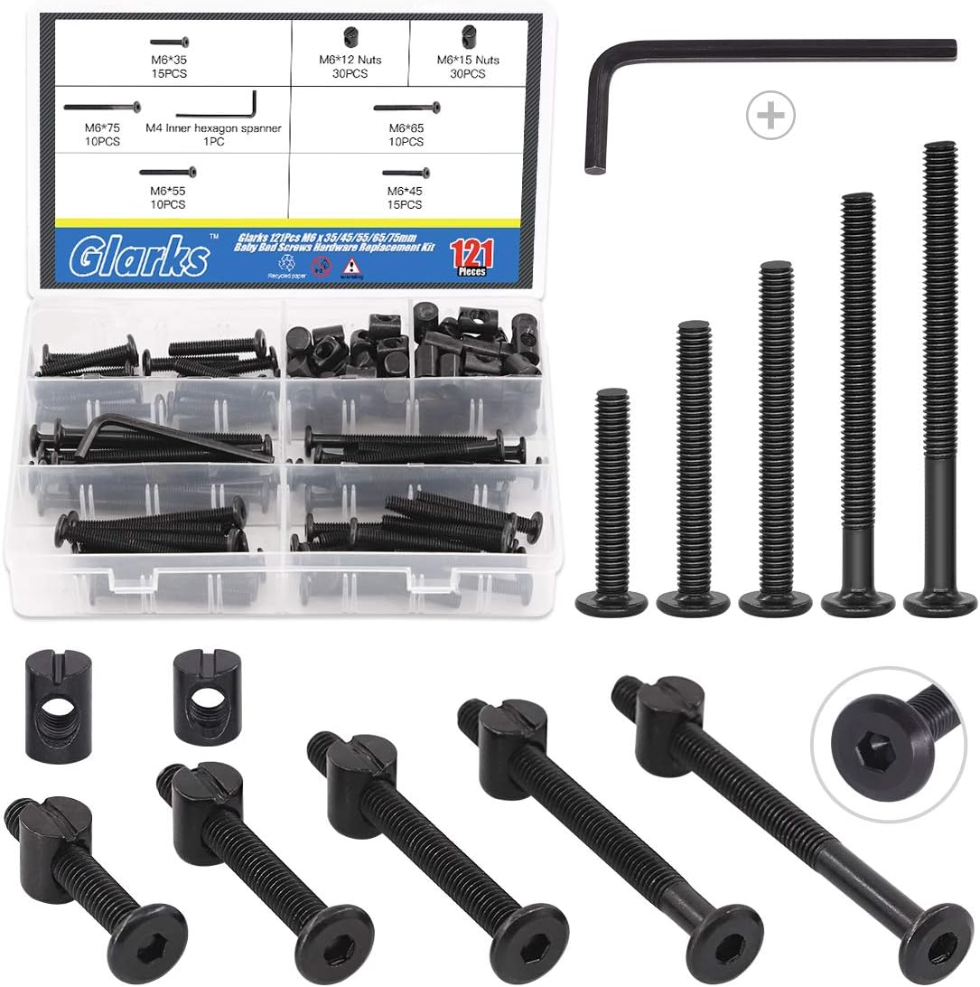 Glarks 120Pcs M6x35/45/55/65/75mm Black Hex Socket Cap Bolt and Barrel Nut Assortment Kit with a Allen Wrench for Crib Baby Bed Cots Furniture