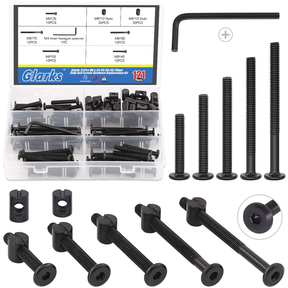 Glarks 120Pcs M6x35/45/55/65/75mm Black Hex Socket Cap Bolt and Barrel Nut Assortment Kit with a Allen Wrench for Crib Baby Bed Cots Furniture