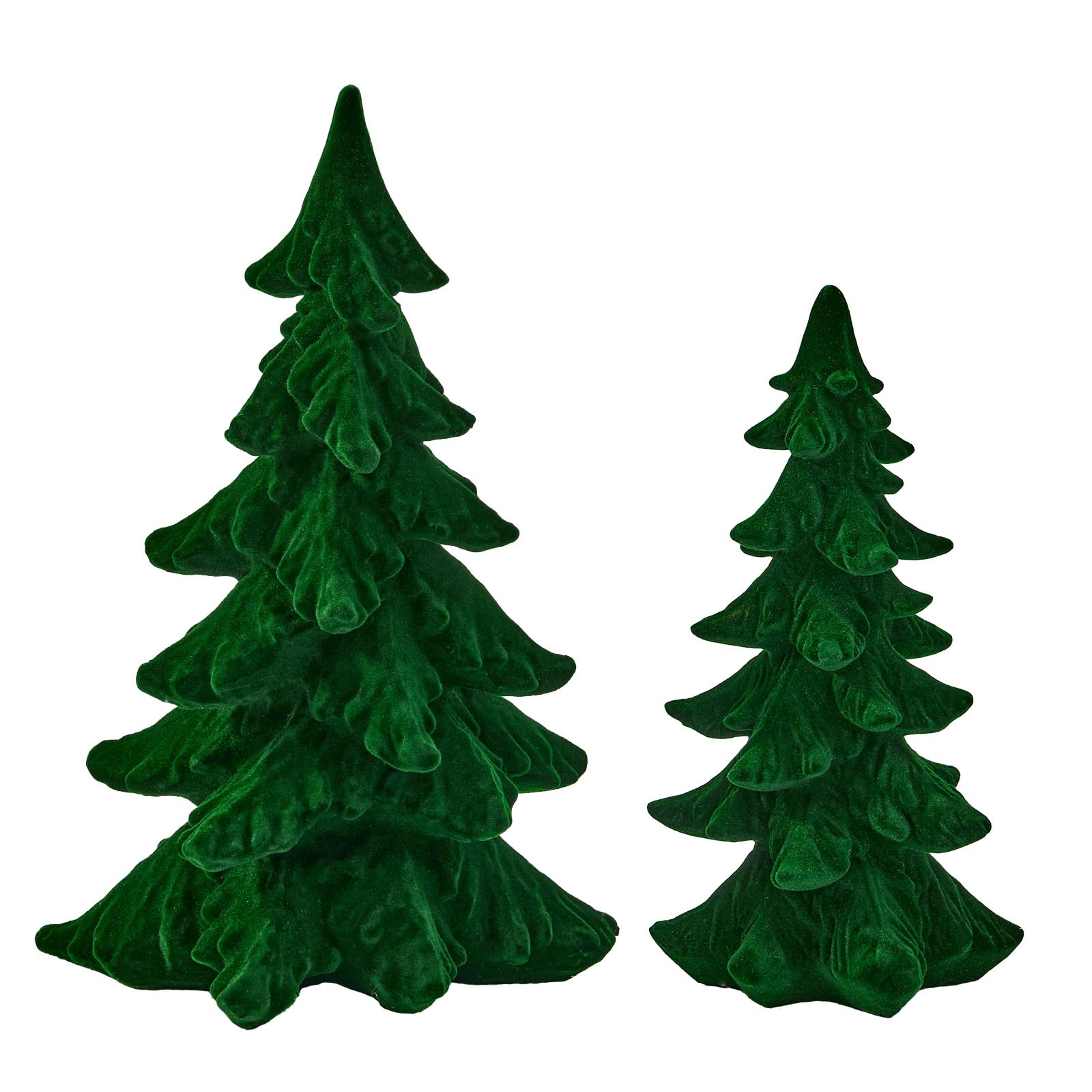 Photo 1 of ( smallest only) DN DECONATION Flocked Christmas Tree Figurines, Green Velvet Xmas Trees Set of 1, Small Resin Pine Tree for Table Centerpieces, Fireplace, Shelves, Mantel, Holiday Winter Decor, Gift