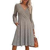 LOVESHOOT Long Sleeve Short Dress for Women 2026 Fall Winter Tunic Knit Sweater Dresses Casual V Neck Mini Dress with Pockets