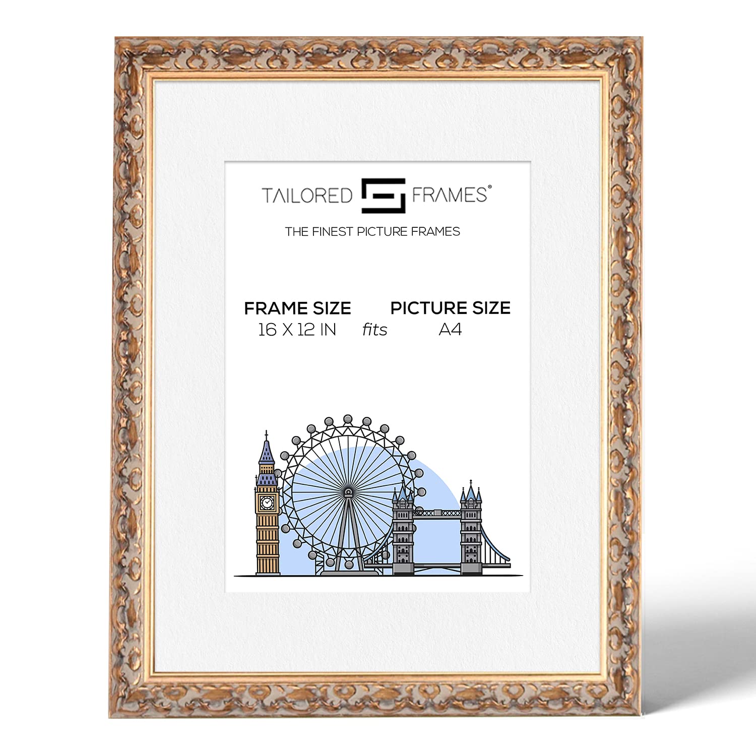 Tailored Frames Vienna Gold 16" x 12" Frame for A4 Picture | Rustic Style Vintage Single Picture Frame | Wall Hanging Type | Photo Frame with White Mount