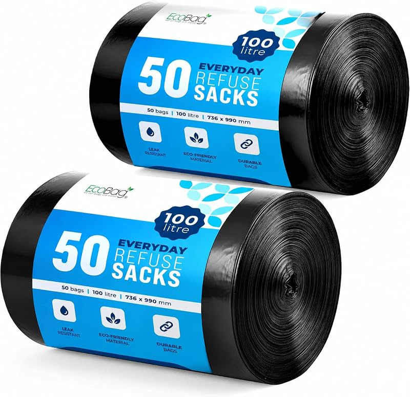 EcoBag 100 Pack Everyday Refuse Sacks 30 Micron 100L Recyclable Leak Resistant