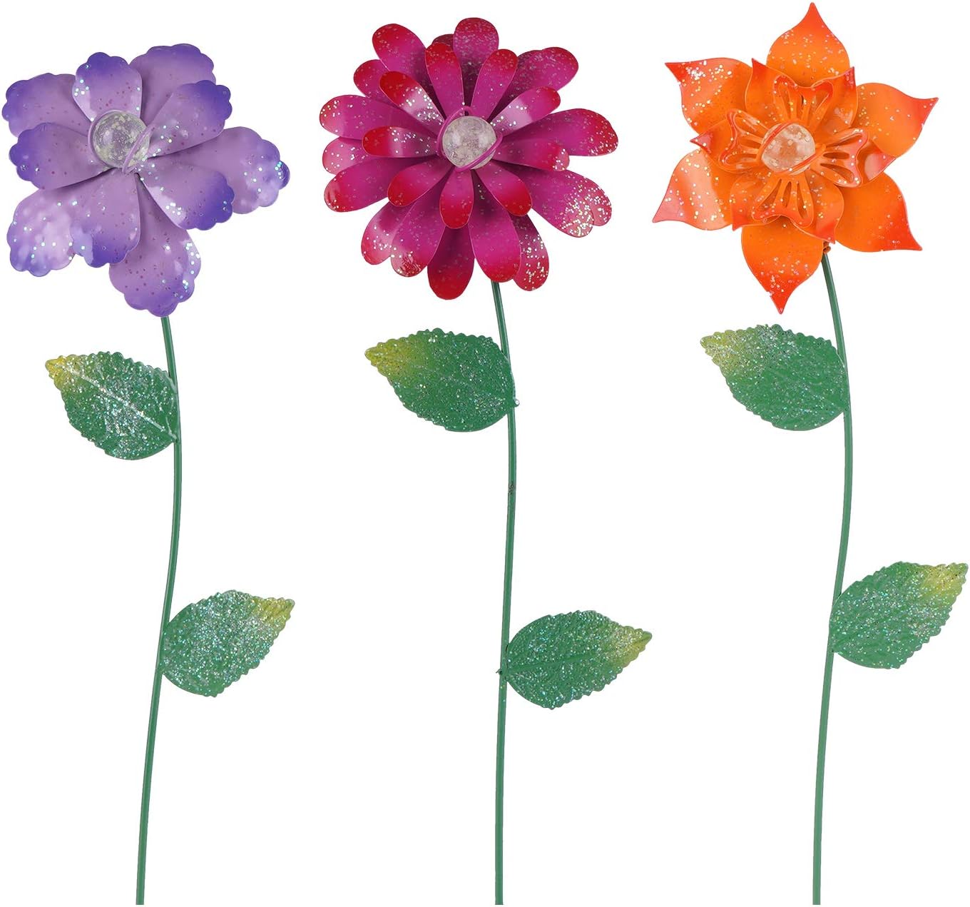 Topadorn Floral Garden Stake Decor,Glow in Dark Outdoor Plant Pick Water Proof Metal Flower Stick for Lawn Yard Patio,Pathway Ornament,Set of 3