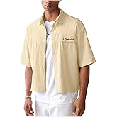 GORGLITTER Men's Striped Button Down Up Cropped T Shirt Short Sleeve Letter Summer Vacation Shirts Boxy Tees Streetwear