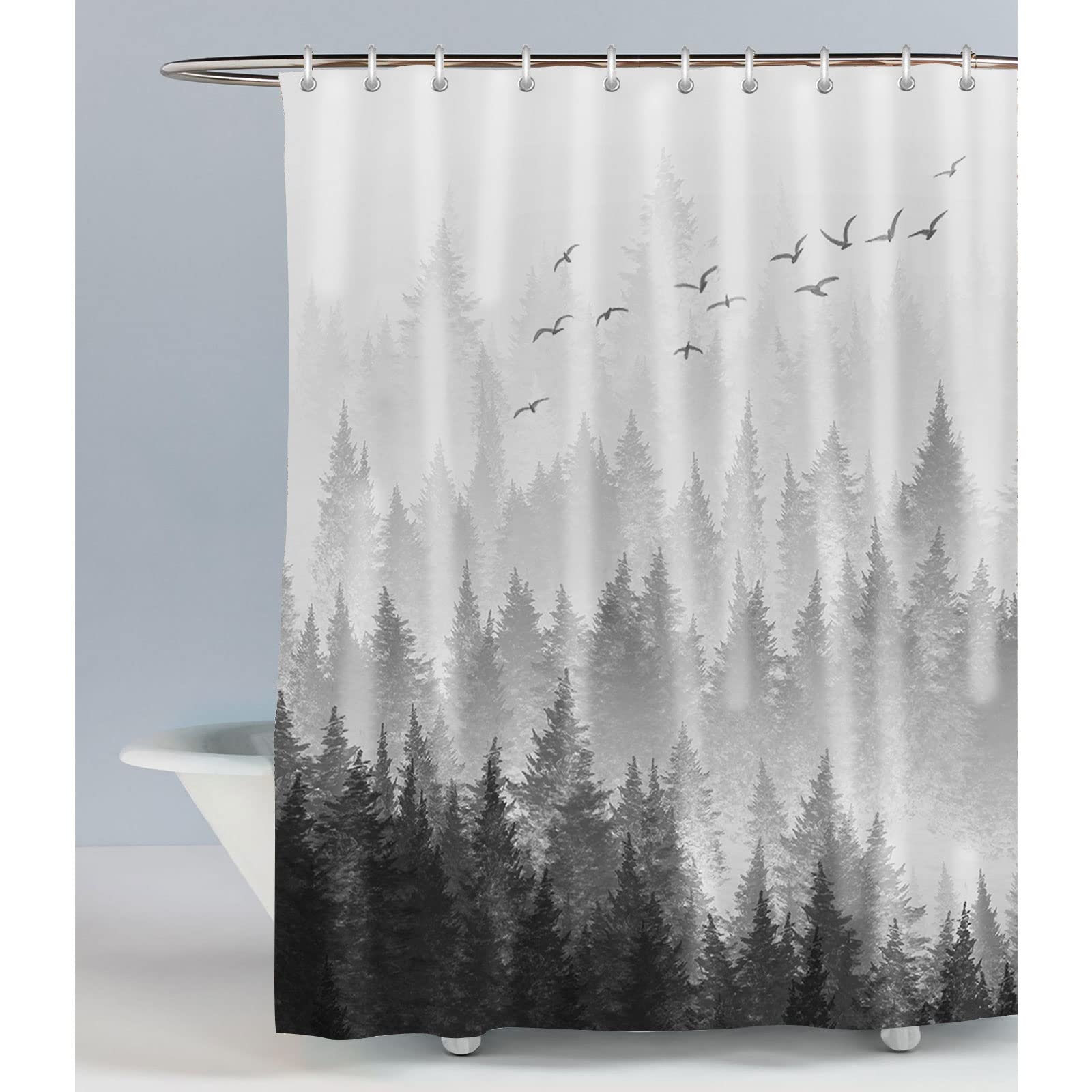 LIVETTY Black and White Misty Forest Shower Curtains Plant Tree Nature Woodland Shower Curtain 72x72 inches（180x180cm ） with 12 Hooks Fabric Bath Curtain Washable Quick-Drying — image 1