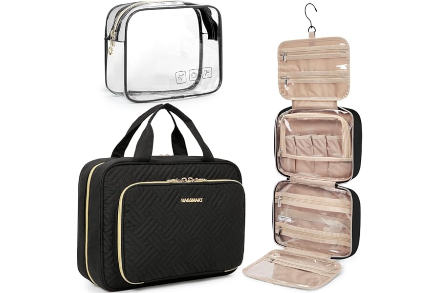 BAGSMART Toiletry Bag Hanging Travel Makeup Organizer with TSA Approved Transparent Cosmetic Bag Makeup Bag for Full Sized Toiletries, Medium-Black
