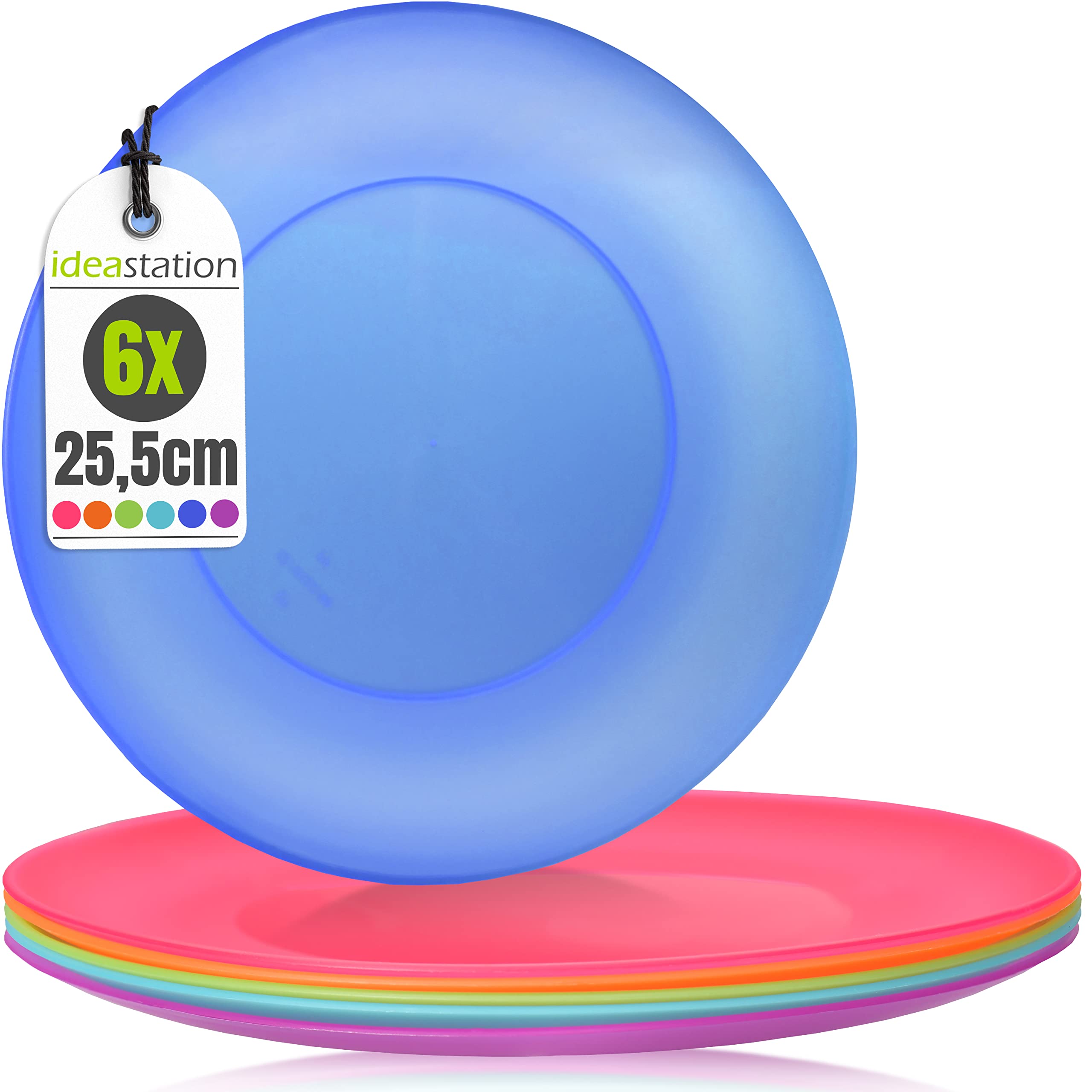 idea-station NEO Plastic Plates 6 x 25.5 cm - Colourful - Reusable Plates - Perfect Party Plates and Picnic Plates for Camping, Outdoor - Dishwasher Safe and Family Friendly