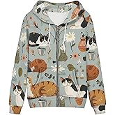Allcute Funny Cute Print Zip Up Hoodie Women Comfy Loose Fit Hoodies with Front Pockets Zipper Hoodied Sweatshirts