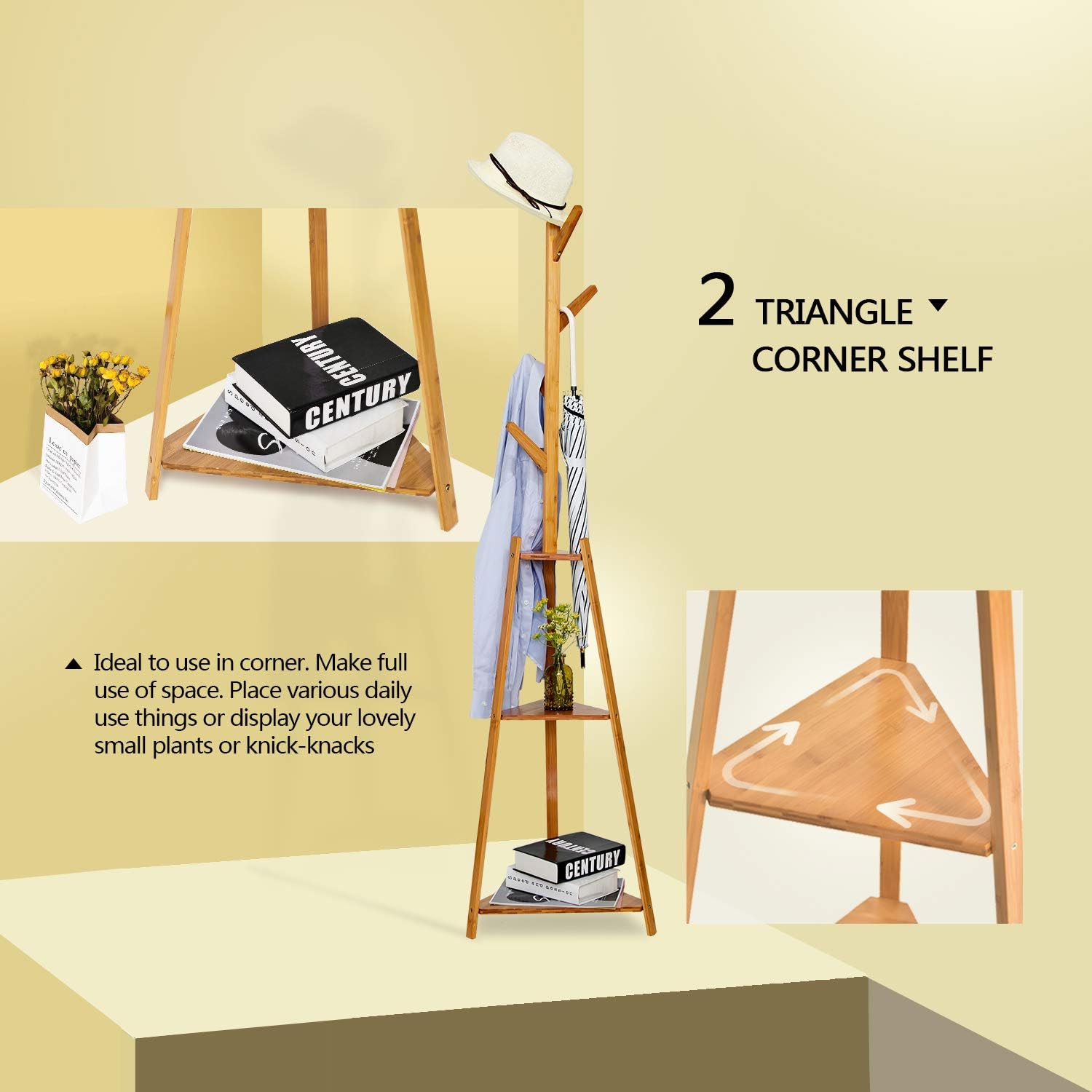 Hododou Coat stand, 2 in 1 Bamboo Coat Hat Stand Storage Rack 5 Hanging