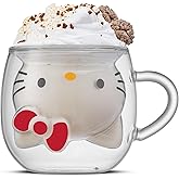 JoyJolt Hello Kitty 3D Coffee Mug, 13.5 oz Double Wall Glass Cup with 3D Design, Insulated Cute Mug for Tea, Latte, or Iced Coffee, Kawaii Sanrio Cup, Hello Kitty Kitchen Stuff