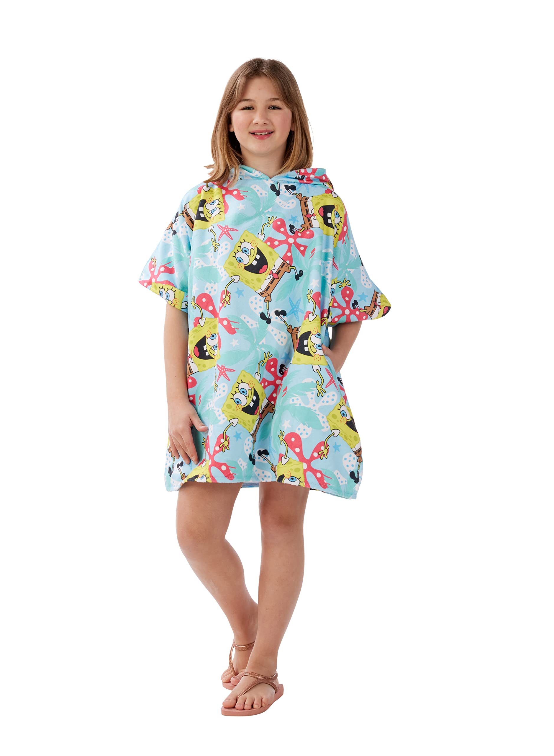 DRYMEE Officially Licensed Wearable Hooded Towel | For The Beach Or Pool | Perfect For Kids, Girls Boys Aged 7-12 Years, One Size Suggested Height 85cm+, Spongebob Squarepants Design